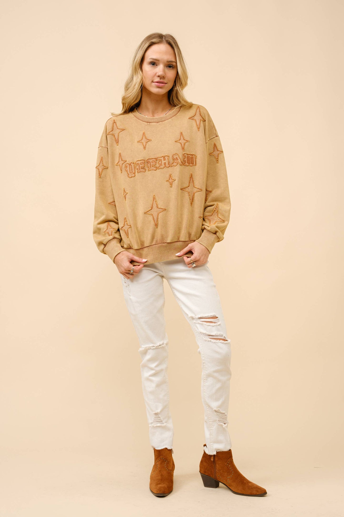 23244T - Distressed Vintage Washed Western Sweatshirt: TAUPE / M