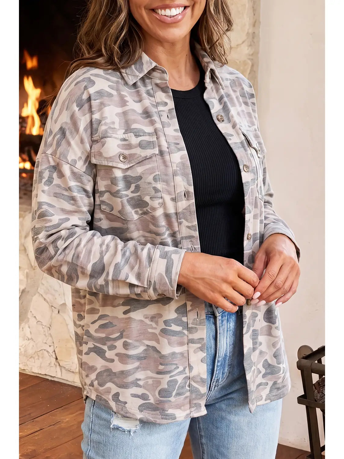 Casual Camouflage Button Down Tunic Shacket