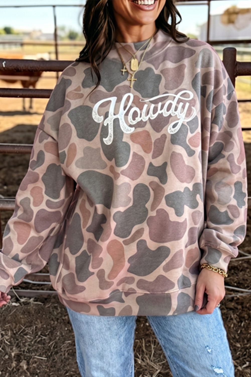 Camo Howdy Western Baggy Pullover Mock Neck Sweatshirt : Multicolour / S