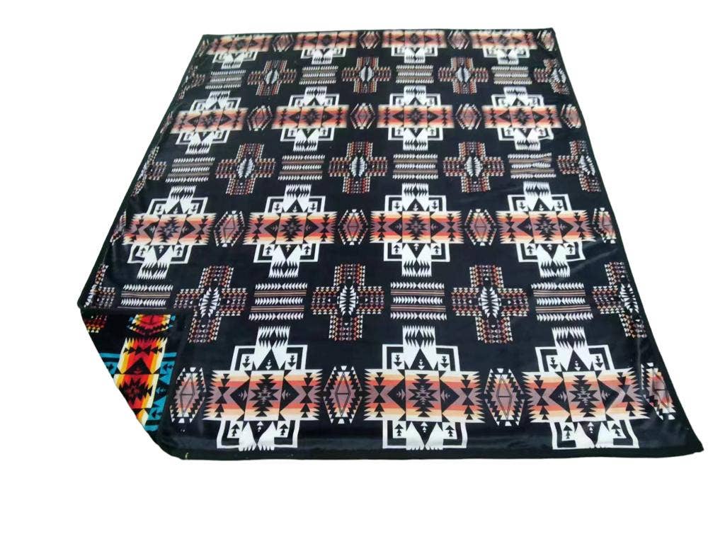 King Size Plush Blanket Aztec Design Black/Brown