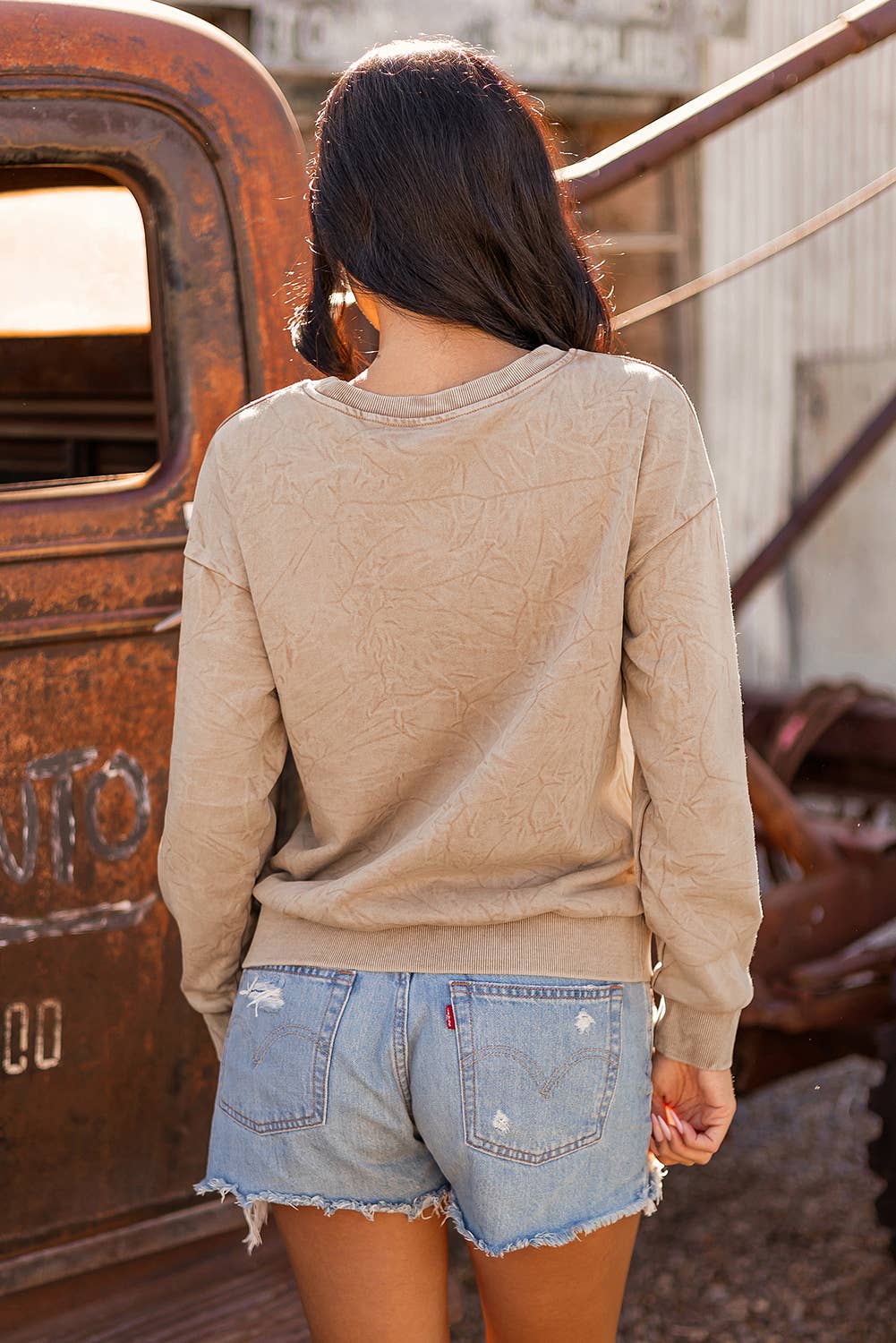 Western Letter Embroidery Mineral Wash Loose Sweatshirt: As shown / Missy / S