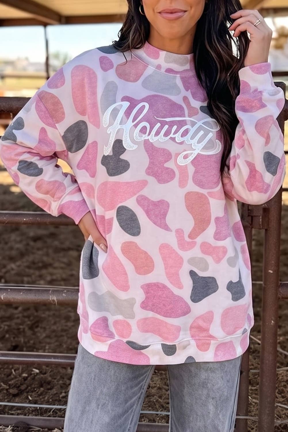 Camo Howdy Western Baggy Pullover Mock Neck Sweatshirt : Multicolour / S