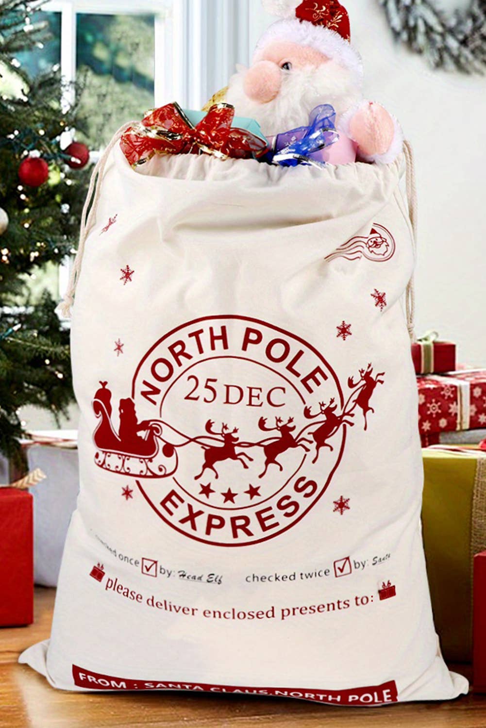 Christmas Santa Claus Drawstring Gift Sack Bag: White