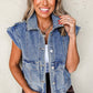 Ashleigh Blue Acid Wash Elastic Hem Button Up Denim Vest: Ashleigh Blue / 75%Cotton+25%Polyester / M