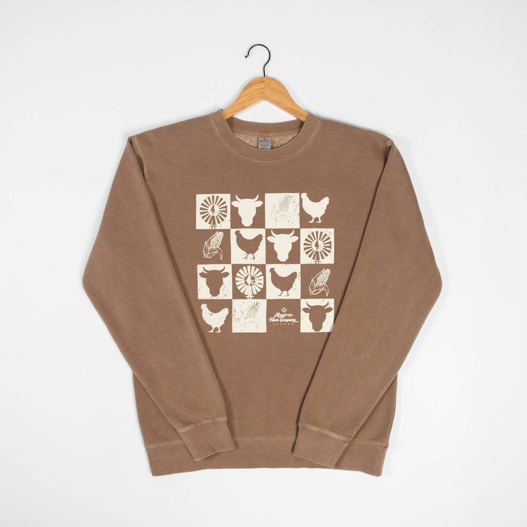 Western Farm Checkers Washed Brown Graphic Crew