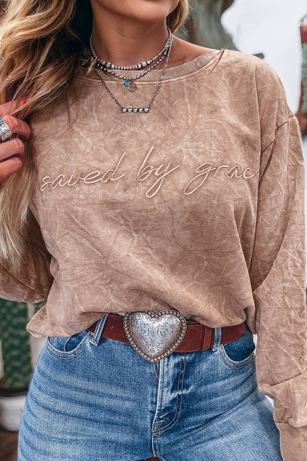 Western Letter Embroidery Mineral Wash Loose Sweatshirt: As shown / Missy / S