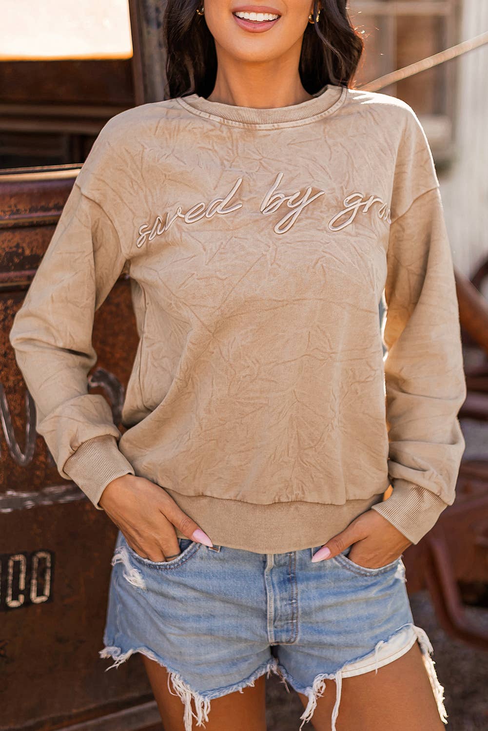 Western Letter Embroidery Mineral Wash Loose Sweatshirt: As shown / Missy / S