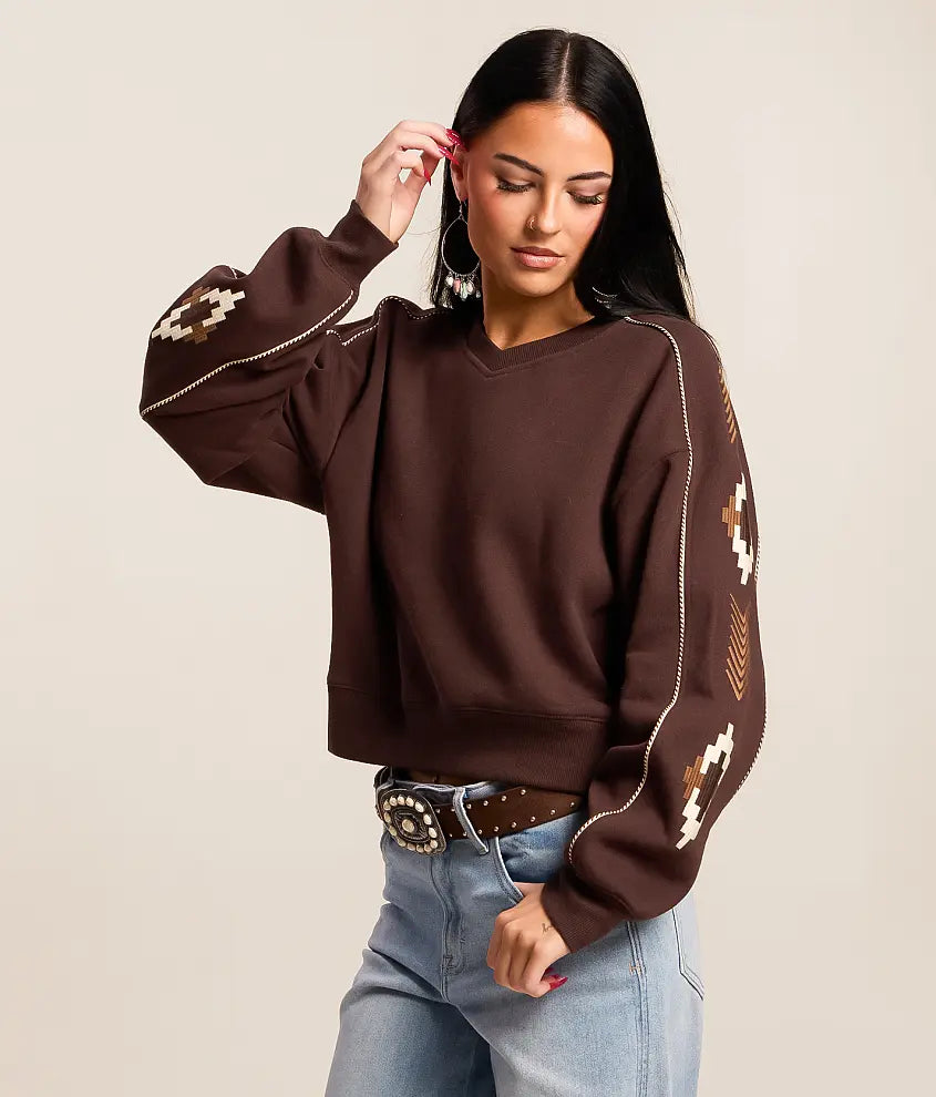 Ariat Women's Dakota Chocolate Plum V-Neck Aztec Embroidered Sweater