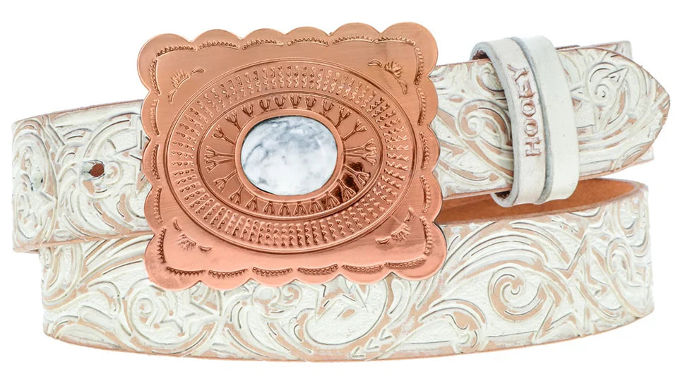 Hooey Womens Stella 1.5 Ivory Tan Hand-Tooled Filigree Leather Belt