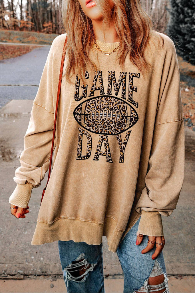 Loose Leopard GAME DAY Graphic Sweatshirt: Khaki / 75%Polyester+25%Cotton / L