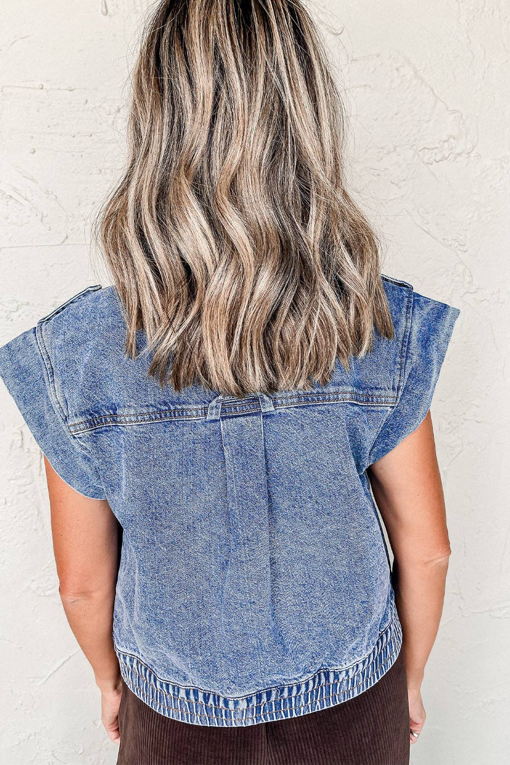 Ashleigh Blue Acid Wash Elastic Hem Button Up Denim Vest: Ashleigh Blue / 75%Cotton+25%Polyester / M