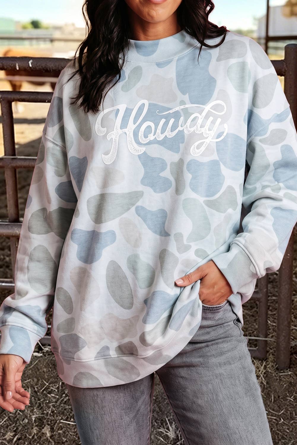 Camo Howdy Western Baggy Pullover Mock Neck Sweatshirt : Multicolour / S