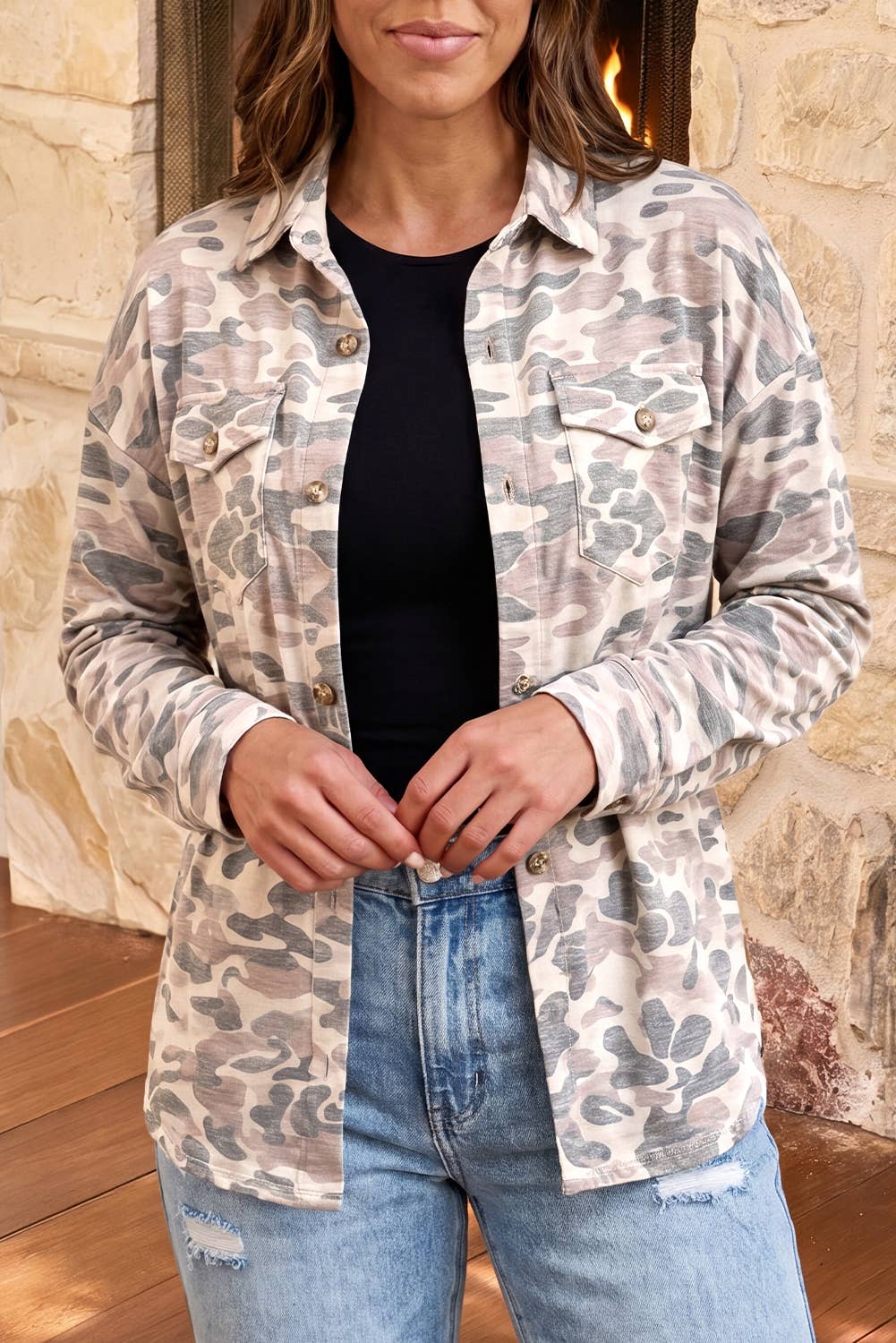 Casual Camouflage Button Down Tunic Shacket: Multicolour / S