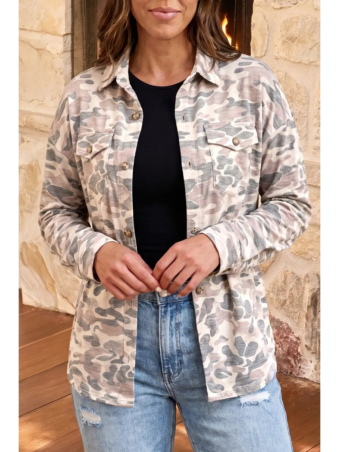 Casual Camouflage Button Down Tunic Shacket