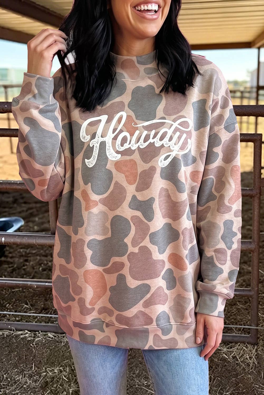 Camo Howdy Western Baggy Pullover Mock Neck Sweatshirt : Multicolour / S