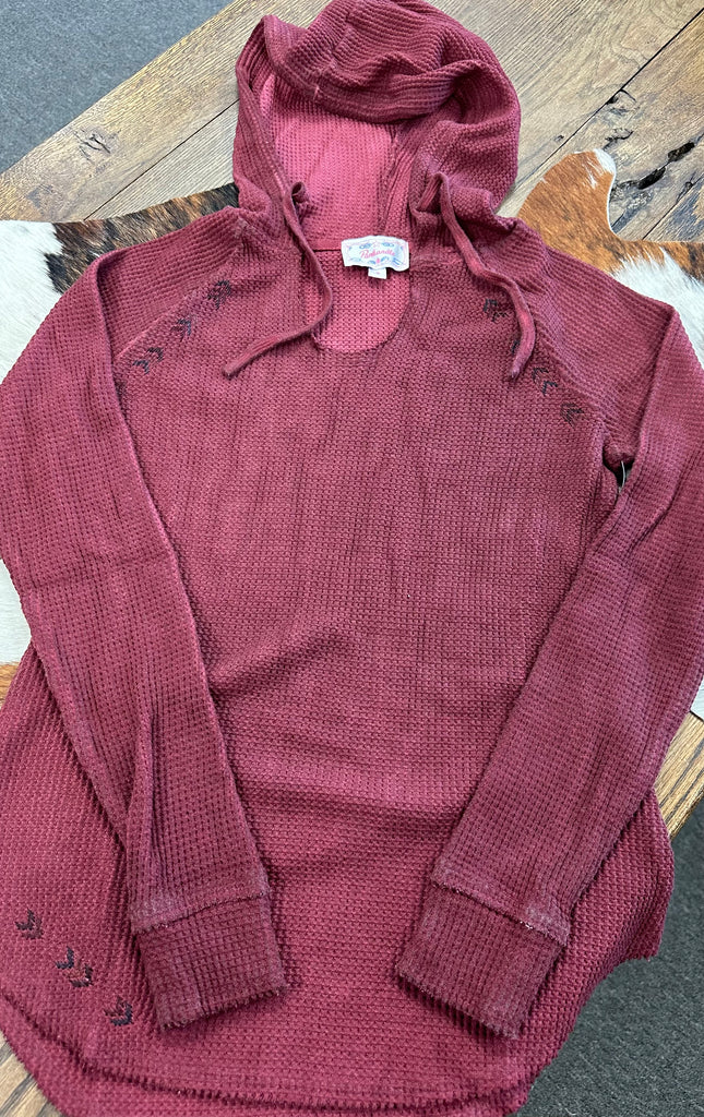 PANHANDLE WOMENS WAFFLE KNIT HOODIE-WINE EMBROIDERED