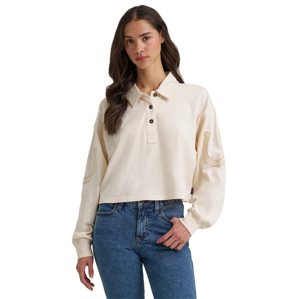 Wrangler Women's Retro Horseshoe Cropped Long Sleeve Polo Shirt-112385415