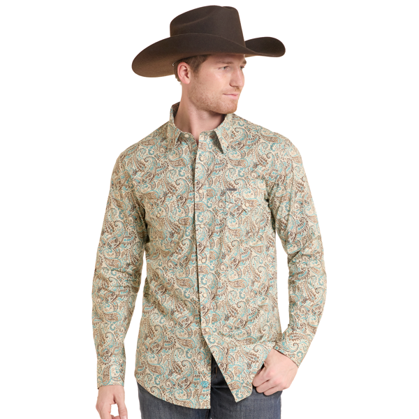 ROCK & ROLL Men's Paisley Print Snap Shirt-TEAL BMN2S10112