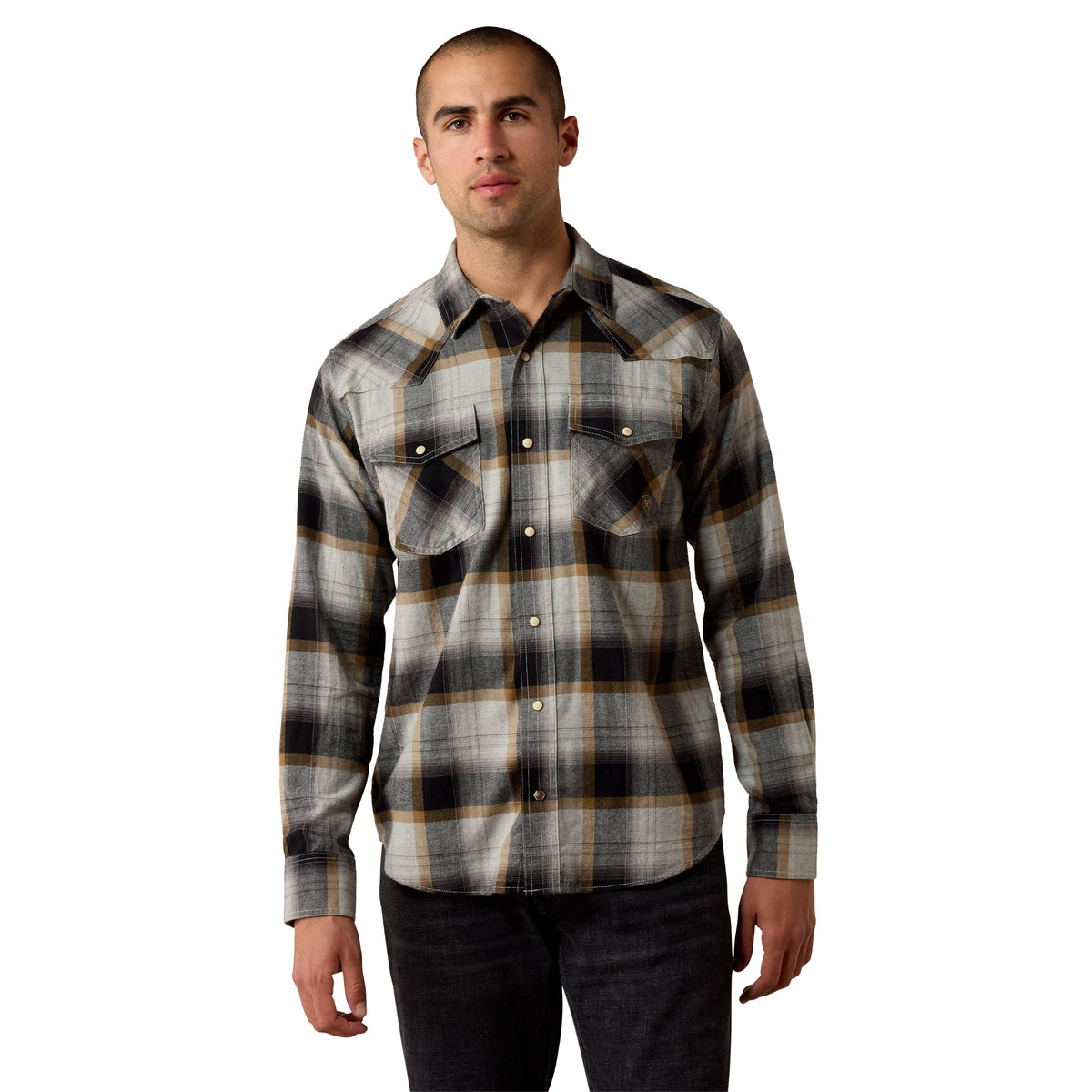 Ariat Men's Retro Heinz Grey Heather Plaid Fitted Snap Shirt