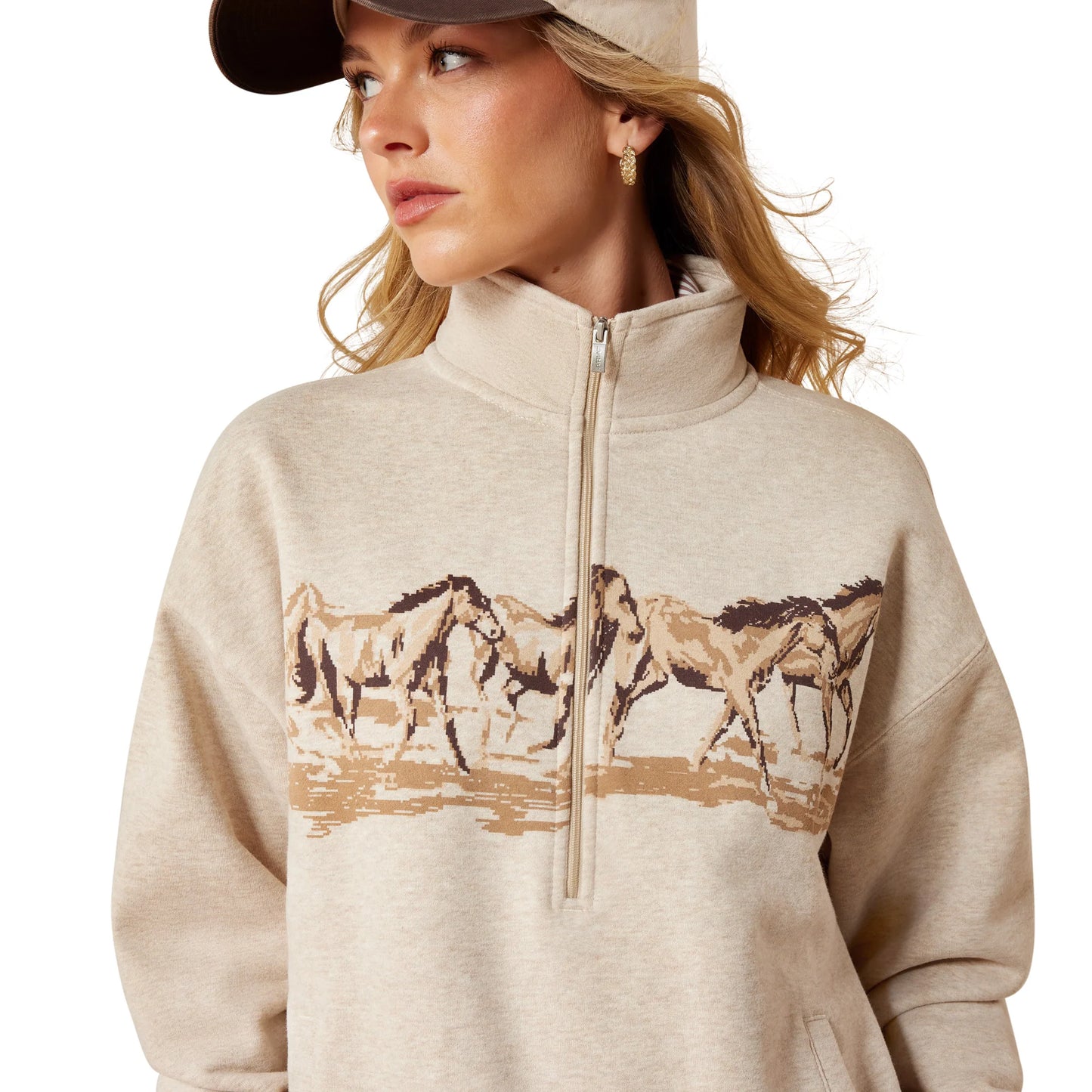 Ariat Ladies Running Wild Oatmeal Heather 1/2 Zip Sweatshirt