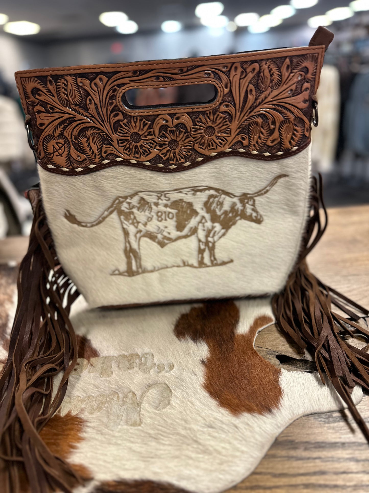 AMERICAN DARLING BRANDED HAIR ON HIDE FRINGE COW PURSE