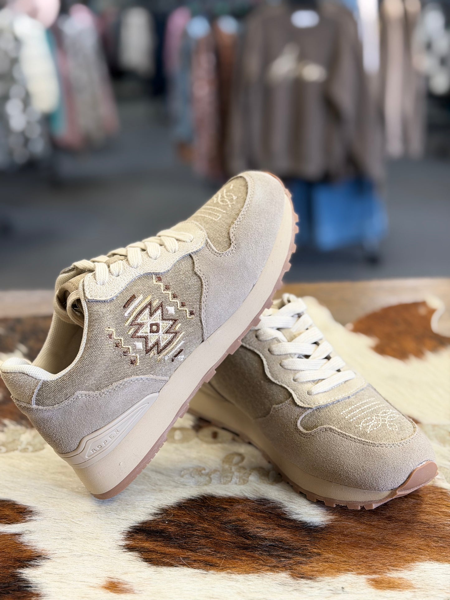 Roper Footwear Women's Giddy Up Cream Cow Suede Western Stitch Sneaker-MAYA