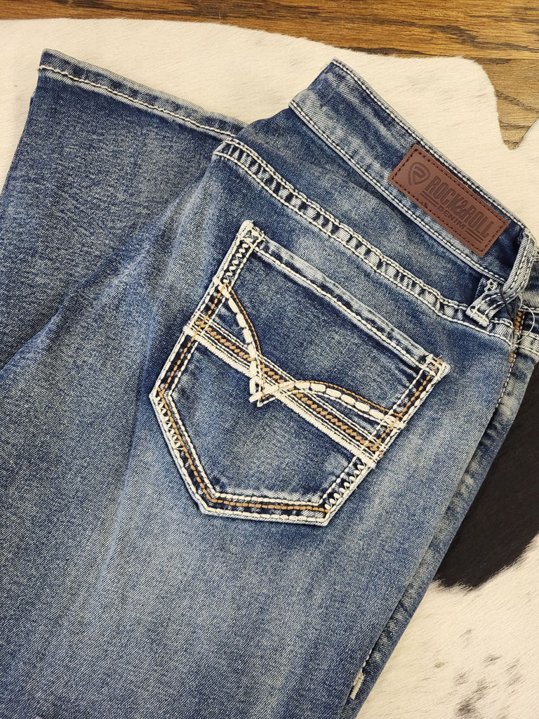 ROCK & ROLL WOMENS LADDER STITCH MID RISE BOOT CUT JEANS