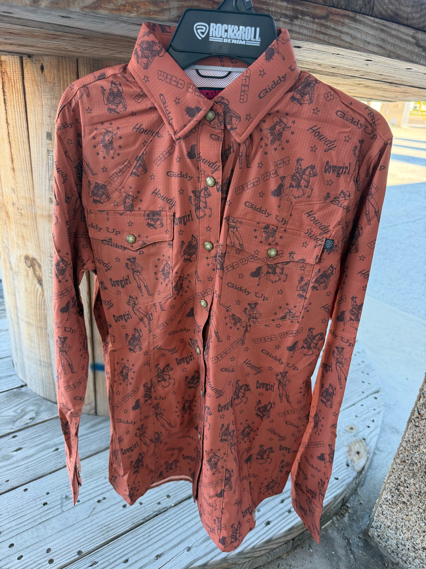 PANHANDLE Denim Women's Cowgirl Print TEK Western Shirt - Rust