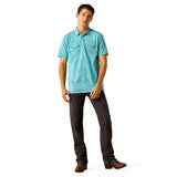 Ariat Men's Light Blue Southwest Print Retro Western Short Sleeve Snap Polo Shirt