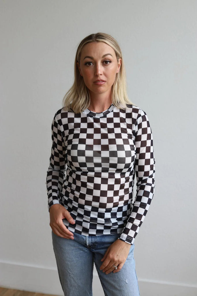 BLACK WOMENS CHECK MESH TOP