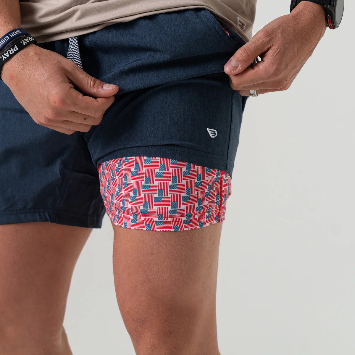 BURLEBO Athletic Short - Heather Navy - American Flag Liner