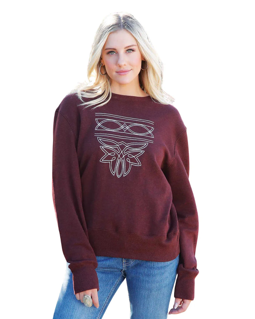 Women's Burgundy Boot Stitch Embroidered Sweat Shirt