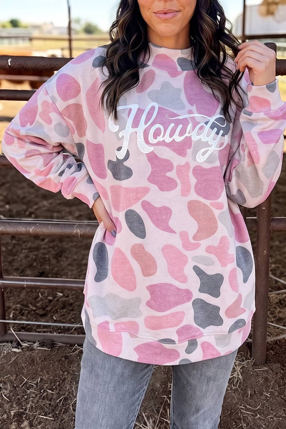 Camo Howdy Western Baggy Pullover Mock Neck Sweatshirt : Multicolour / S