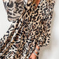 Leopard Print Buttoned Front 3/4 Sleeve Tiered Ruffled Hem Dress: Khaki / 100%Polyester / S