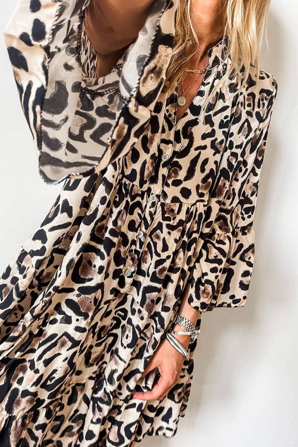 Leopard Print Buttoned Front 3/4 Sleeve Tiered Ruffled Hem Dress: Khaki / 100%Polyester / S