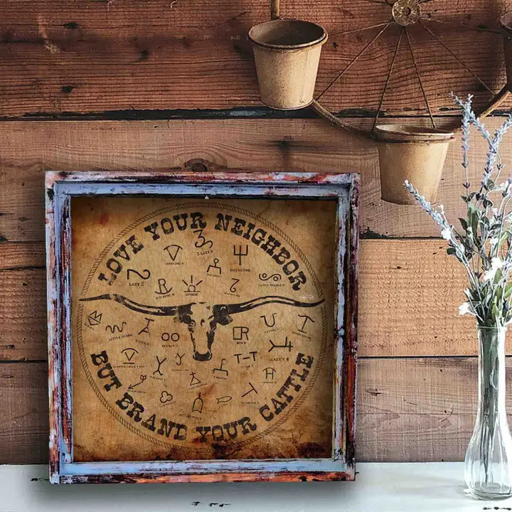 Love Your Neighbor Longhorn Square Framed Canvas Artwork