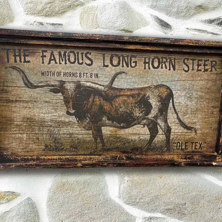 The Famous Long Horn Rustic Sign - 18" x 36" Large Rectangle Artwork