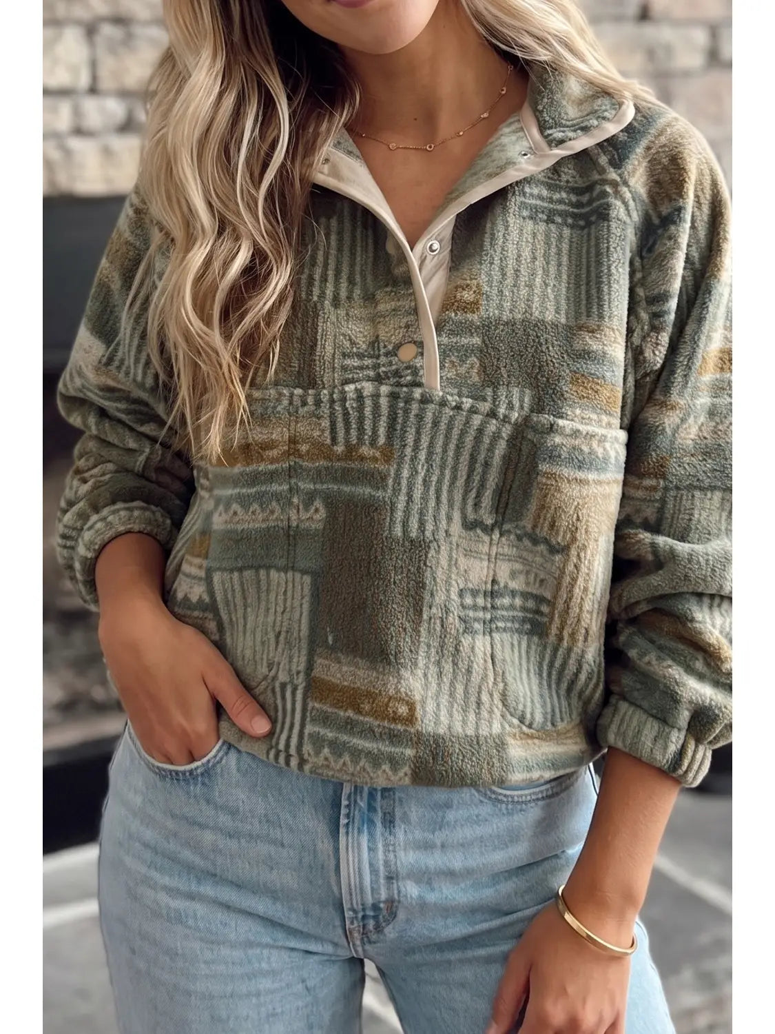 Western Print Fleece Pullover Casual Fit Sweatshirt