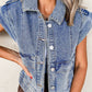 Ashleigh Blue Acid Wash Elastic Hem Button Up Denim Vest: Ashleigh Blue / 75%Cotton+25%Polyester / M
