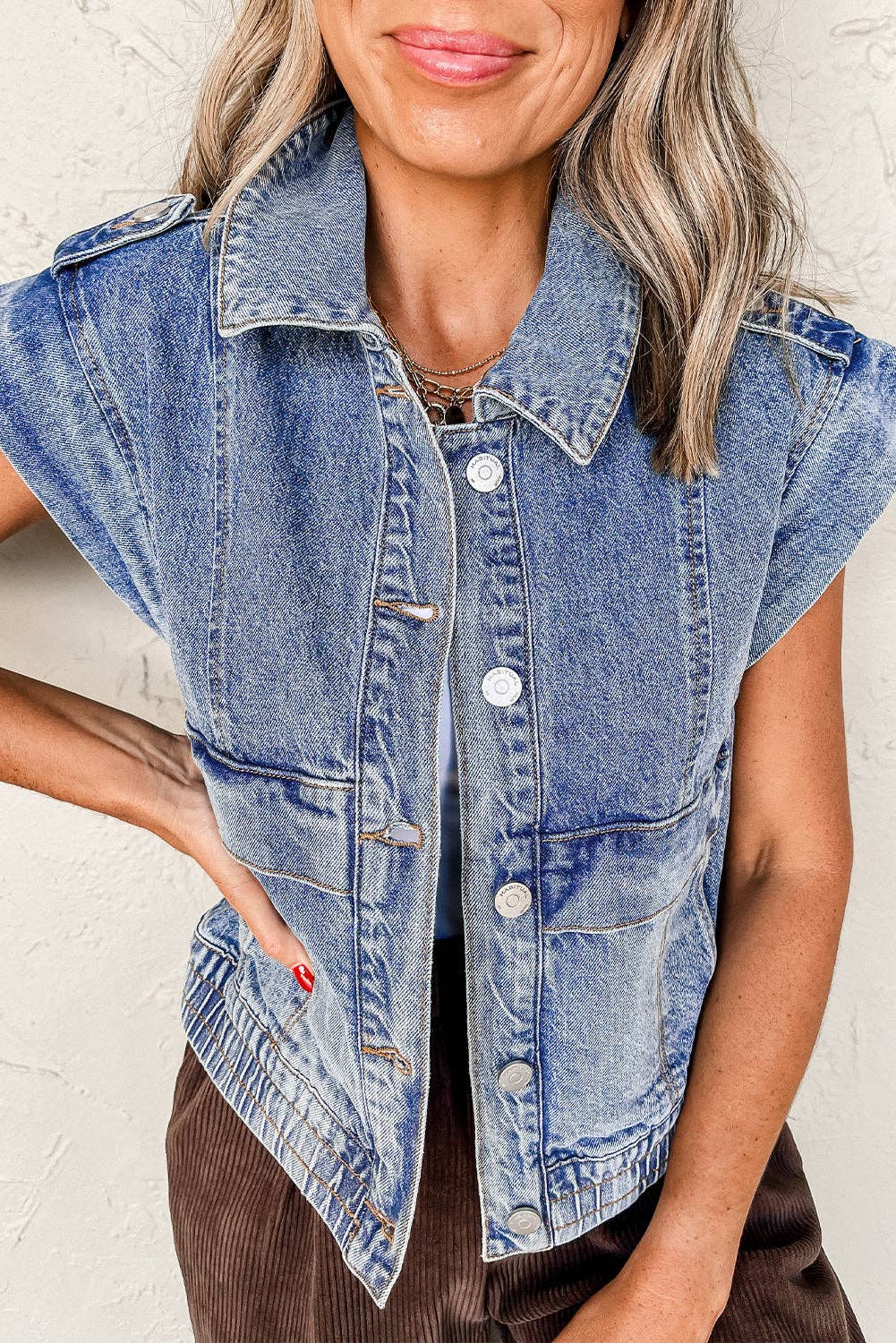 Ashleigh Blue Acid Wash Elastic Hem Button Up Denim Vest: Ashleigh Blue / 75%Cotton+25%Polyester / M