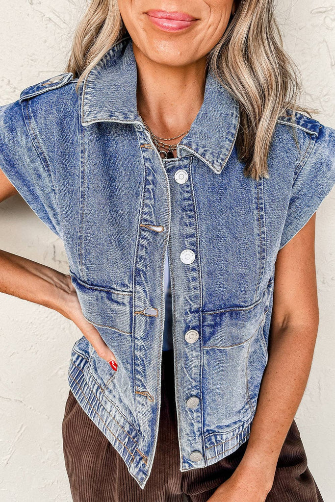 Ashleigh Blue Acid Wash Elastic Hem Button Up Denim Vest: Ashleigh Blue / 75%Cotton+25%Polyester / M