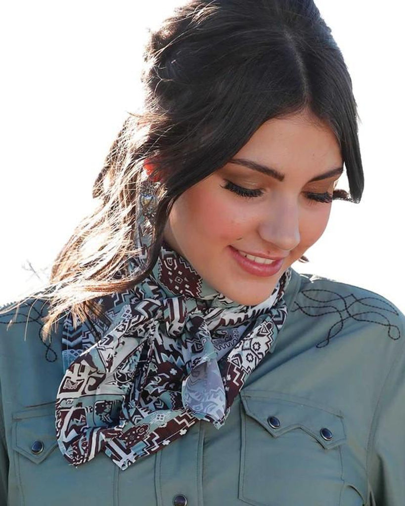 Cinch Green & Brown Silk Aztec Print Wild Rag