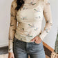 Western Mock Neck Print Mesh Sheer Long Sleeve Top(S-4X): Beige / S
