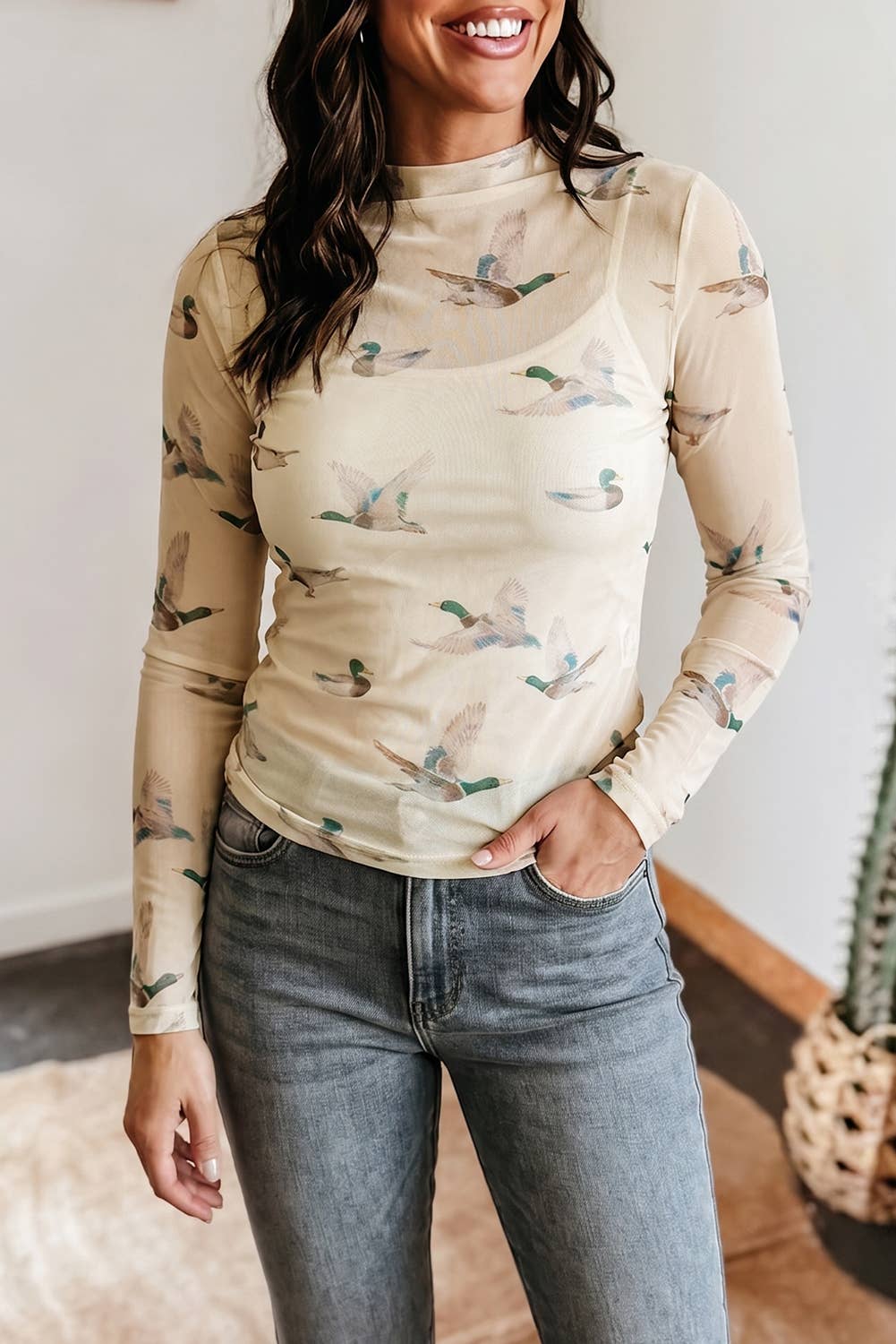 Western Mock Neck Print Mesh Sheer Long Sleeve Top(S-4X): Beige / S