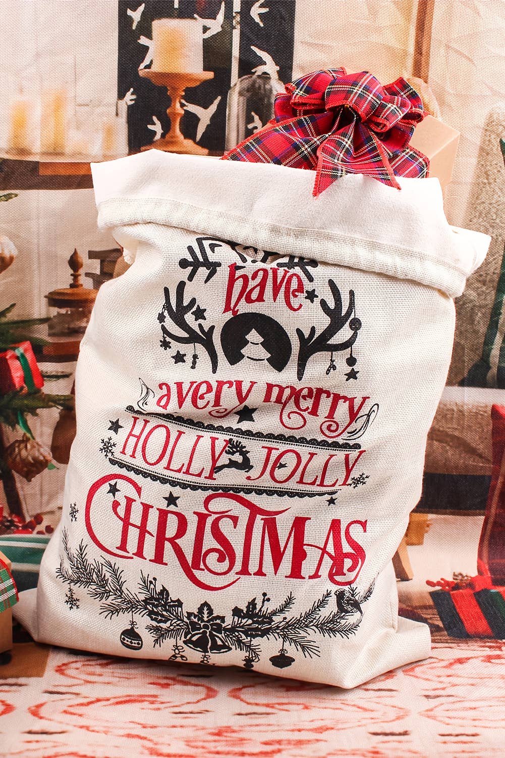 Christmas Santa Claus Drawstring Gift Sack Bag: White