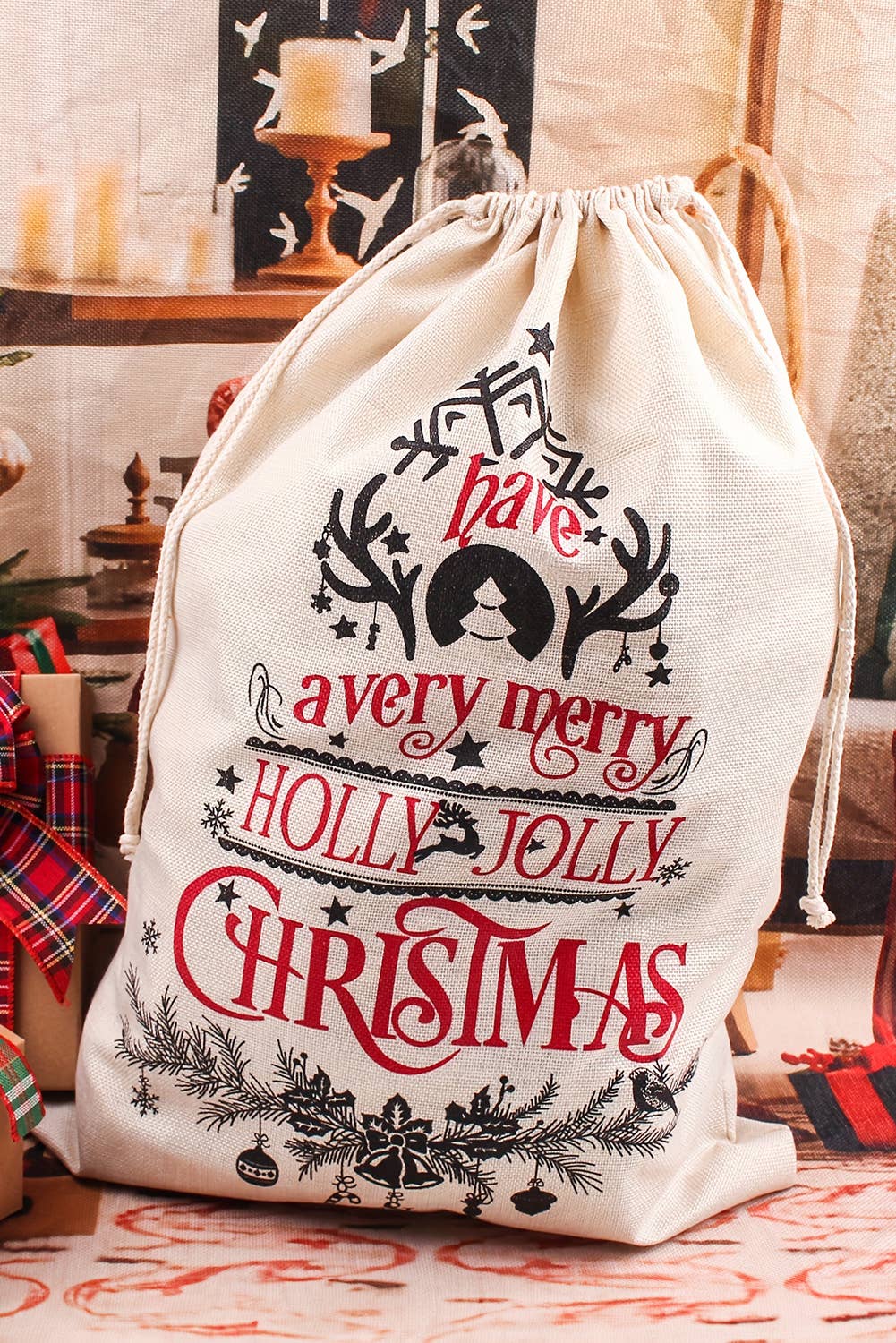 Christmas Santa Claus Drawstring Gift Sack Bag: White