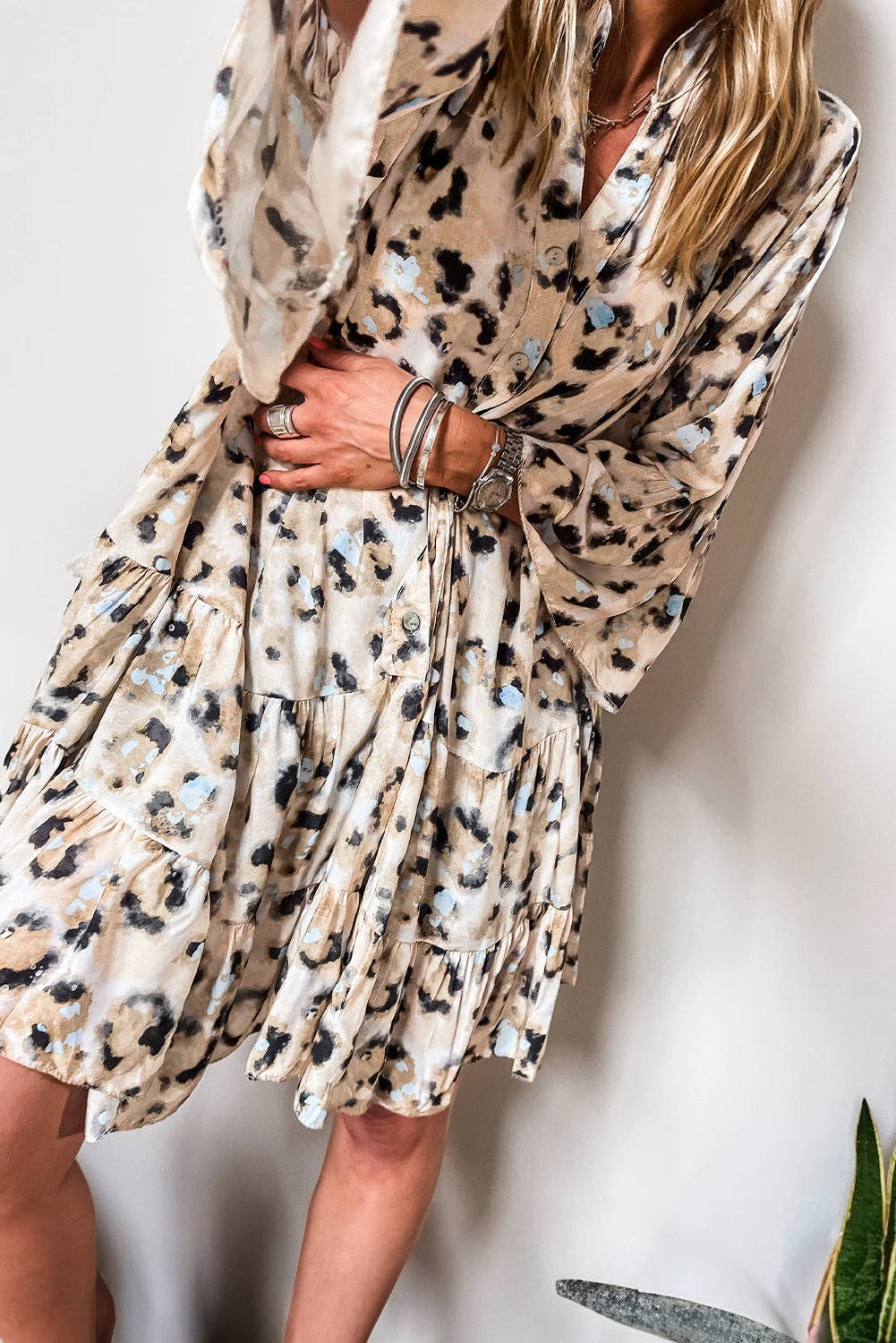 Leopard Print Buttoned Front 3/4 Sleeve Tiered Ruffled Hem Dress: Khaki / 100%Polyester / S