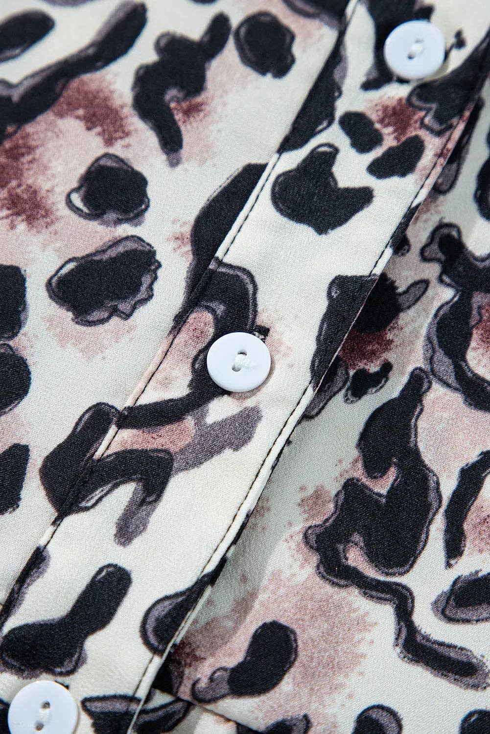 Leopard Print Buttoned Front 3/4 Sleeve Tiered Ruffled Hem Dress: Khaki / 100%Polyester / S