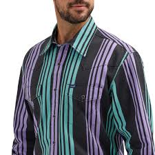 Wrangler® Purple/Blue Brushpopper Stripe Vintage Long Sleeve Shirt 112365613