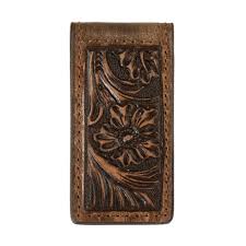 3D Magnetic Money Clip Floral Embossed Leather - Brown D250013102